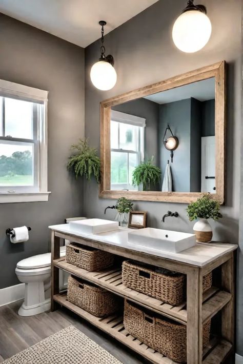 Farmhouse bathroom with rustic vanity and ceramic sink Two Sink Bathroom Ideas, Bathroom Sink And Vanity, Open Bathroom Vanity, Sink And Vanity, Bathroom Double Sink, Rustic Vanity, Walk In Shower Designs, Double Sinks, Small Space Bathroom