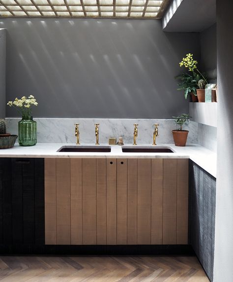 We have created the most beautiful atmospheric basement kitchen in our London showroom... Wall Cupboards, Beautiful Flooring, Devol Kitchens, Basement Kitchen, Kitchen Showroom, Rustic Modern Kitchen, Kitchen Display, Rustic Farmhouse Kitchen, Shaker Kitchen