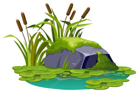 Moss On Stone, Jungle Drawing, Barra Bar, Freshwater Turtles, Underwater Cartoon, Jungle Painting, Plant Cartoon, Rock Waterfall, Geometry Dash