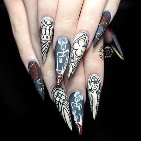 Dracula Nail Art, Cathedral Nail Art, Gothic Cathedral Nails, Cathedral Nails, Candle Nails, Glass Nails Art, Sharp Claws, Angel Nails, Witchy Nails