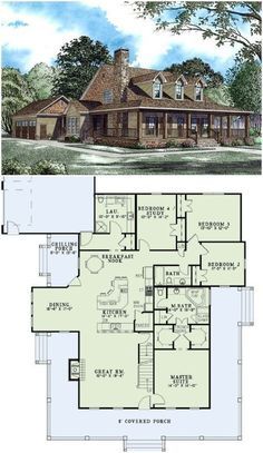 2173 sq. ft country Upstairs Bonus Room, Porch House Plans, Barndominium Floor Plans, Farmhouse Style House Plans, Casas Coloniales, Country House Plan, Farmhouse House, House With Porch, Wrap Around Porch