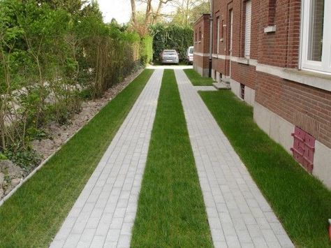 brick ribbon driveway Grass Paving, Grass Driveway, Permeable Driveway, Grass Pavers, Diy Driveway, Sod Installation, Permeable Pavers, Driveway Paving, Driveway Entrance