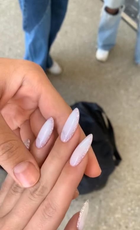 #nails #gelnails #longnails #milkywhitenails #glitternails #summer White Glittery Nails, Cherry Blossom Nails, Glittery Nails, Stripped Nails, Hairstyle Idea, Damaged Nails, Really Cute Nails, Trim Nails, Cute Nail Art