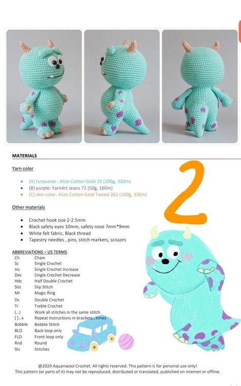 Monsters Inc Crochet Pattern Free, Monsters Inc Crochet, Crochet Doll Tutorial, Crochet Monsters, Easy Crochet Animals, Crochet Fairy, Crochet Disney, Crochet Dolls Free Patterns, Pola Amigurumi