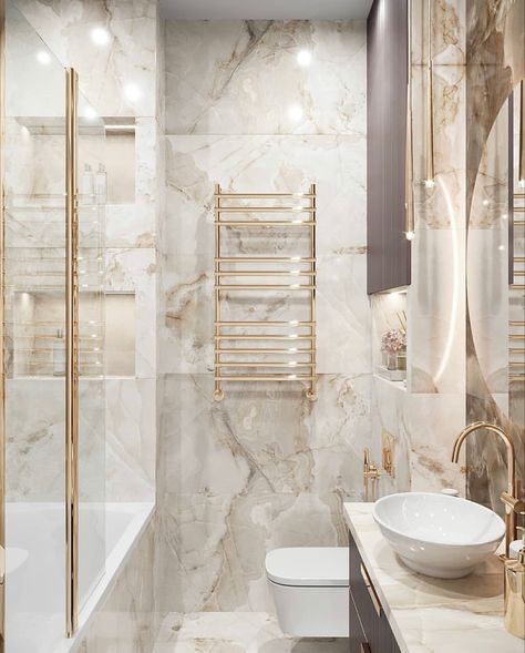 Gold And White Bathrooms, White And Gold Bathroom Tile, Glamorous Bathroom Ideas, Gold White Bathroom, Gold And White Bathroom, Elegant Bathroom Design, Bathroom Decor Luxury, Washroom Design, Bathroom Redesign