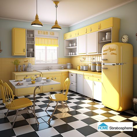 Kitchen Pantries, La Apartment, Organizing Kitchen, Yellow Cabinets, Pastel Kitchen, 1950s Kitchen, Diner Decor, Retro Fridge, Casa Vintage