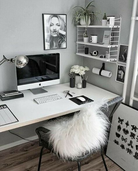 Monochrome Office, Scandinavian Office, String Pocket, Decor Ikea, White Desk, Black And White Interior, White Desks, Office Set, The Desk