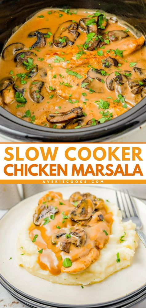 This classic comfort food recipe is complete with tender chicken breasts that are slow cooked with mushrooms and herbs in a flavorful creamy Marsala wine sauce! The rich sauce makes the perfect gravy served over rice or potatoes. Learn to make this restaurant quality dish at home in your Crock-Pot so that it's EASY enough for weeknight dinners! Chicken Marsala Crockpot, Crock Pot Chicken Marsala, Slow Cooker Chicken And Gravy, Slow Cooker Chicken Marsala, Meals Chicken, Averie Cooks, Marsala Chicken Recipes, Easy Slow Cooker Chicken, Chicken Appetizers