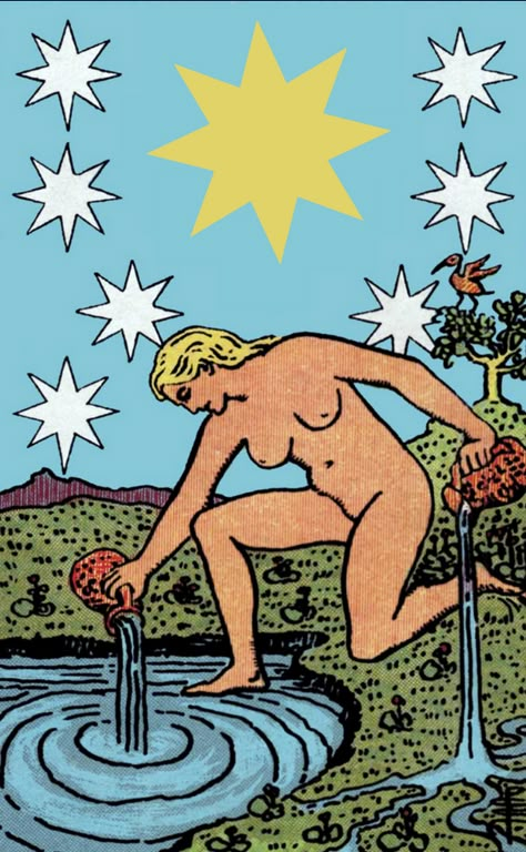 The Star Tarot Card, Rider Waite Smith, Woman pours water into a pond under stars Tarot Waite, Aquarius Tarot, Page Of Pentacles, Jungian Archetypes, Aquarius Aesthetic, Ace Of Pentacles, Aquarius Art, 78 Tarot Cards, Major Arcana Cards