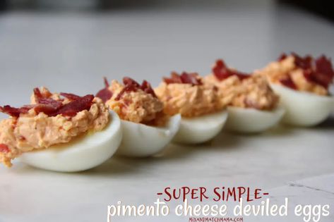 Super Simple Pimento Cheese Deviled Eggs - Mix & Match Mama Deviled Eggs Bacon, Stuffed Deviled Eggs, Pimento Cheese Deviled Eggs, Pimento Cheese Appetizer, Pimento Cheese Dip, Pimento Cheese Spread, Devilled Eggs Recipe Best, Cheese Appetizer, Deviled Eggs Easy