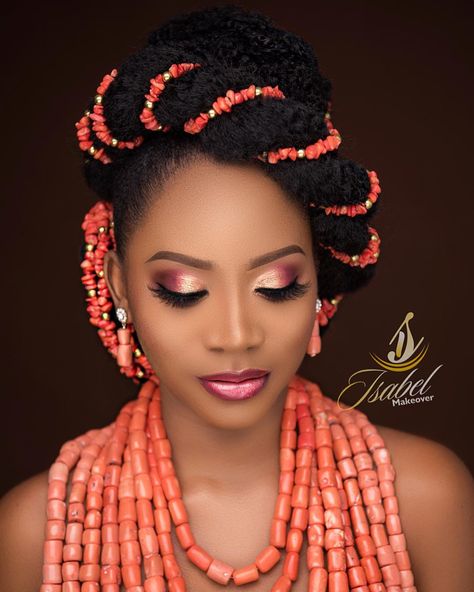 Igbo Traditional Hairstyles, Igbo Bride Traditional Hairstyles, Nigerian Wedding Makeup Brides, Igbo Traditional Bridal Hairstyles, Igbo Traditional Makeup, Bridal Hair Nigeria Wedding, Igbo Culture, Beauty Quotes For Women, Bridal Hair Decorations