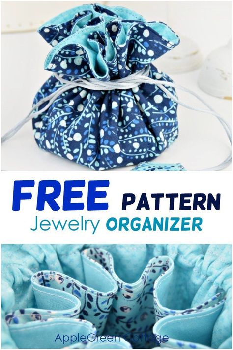 Free pattern for jewelry organizer - easy sewing project! This diy jewelry organizer is easy to sew but so useful! Store your rings, bracelets, and necklaces in a cute portable jewelry holder. An organized solution for small items. Cheers to organized jewelry storage! #diystorage #diyorganizer #jewelrystorage Diy Jewelry Bags, Organized Jewelry, Diy Jewelry Organizer, Cottage Diy, Sewing Projects Free, Diy Jewelry Holder, Free Sewing Pattern, Modern Bag, Jewelry Organizer Diy