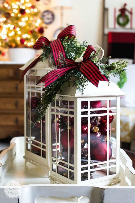 Christmas Decor Ideas | Home Tour | Simple and budget-friendly ways to decorate for Christmas. Inspiration for porches, entries and living spaces. Christmas Lanterns, Holiday Centerpieces, Farmhouse Christmas Decor, Noel Christmas, Christmas Centerpieces, Country Christmas, Christmas Deco, Christmas Joy, Christmas Inspiration