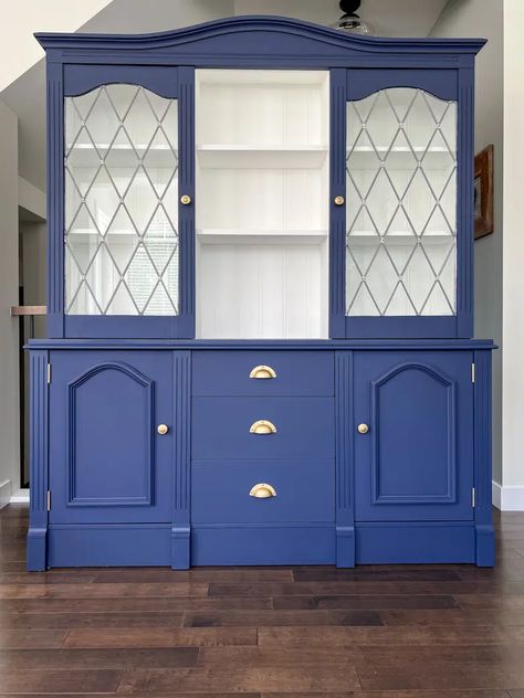 After painting the china cabinet blue Blue Paint Colors For Furniture, Painting A China Cabinet, Best Dark Blue Paint Colors, Black Dresser Diy, Paint Colors For Furniture, Colors For Furniture, Refinish Cabinets, Fusion Paint Furniture, Painted China Cabinet