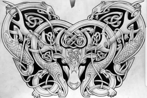 Nordic Throat Tattoo, Eikthyrnir Tattoo, Celtic Stag Tattoo, Stag Tattoo Design, Celtic Warrior Tattoos, Norse Patterns, Cerberus Tattoo, Chris Tattoo, Tattoos Celtic