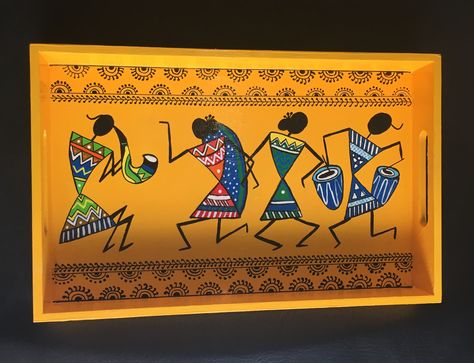 Hand Painted Warli Art on Wooden Tray  Size : 12.5" X 7.75" X 1.5"  Description: Rectangular Tray - Flat Handle    Eco- friendly pine based MDF tray Fabric Canvas Art, Pichwai Art, Worli Painting, Diy Card Making, Warli Art, Clay Wall Art, Diy Wall Art Decor, Art And Craft Videos, Art Decor Diy