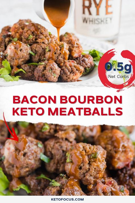 This low carb appetizer is a crowd favorite. Whether it's game day, a potluck or you are ringing in the New Year, these bacon bourbon keto meatballs are mouthwatering flavor combination of whiskey, bbq sauce and bacon! Pop them in an air fryer for a simple snack in minutes or bake in your oven. Bacon Bourbon Meatballs, Whiskey Bbq Sauce, Oven Bacon, Low Carb Appetizer, Bbq Sauce Ingredients, Keto Meat, Keto Meatballs, Keto Beef, Ringing In The New Year