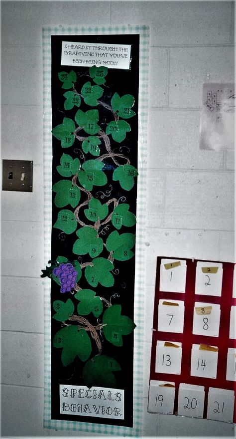 "I heard it through the grapevine that you've been being good."  This bulletin board was created to reward classroom behavior during "specials."  The cluster of grapes makes its way up to the top of the grapevine for every good report from the art, music, P.E., computer lab, and library teachers.  A special reward is earned for the entire class when the grapes make it to the top leaf.  After that they start their journey all over again from the bottom. Membership Ideas, Holiday Bulletin Boards, Bee Classroom, Classroom Bulletin Board, Church Bulletin Boards, Classroom Wall Decor, Computer Lab, Classroom Behavior, Classroom Bulletin Boards