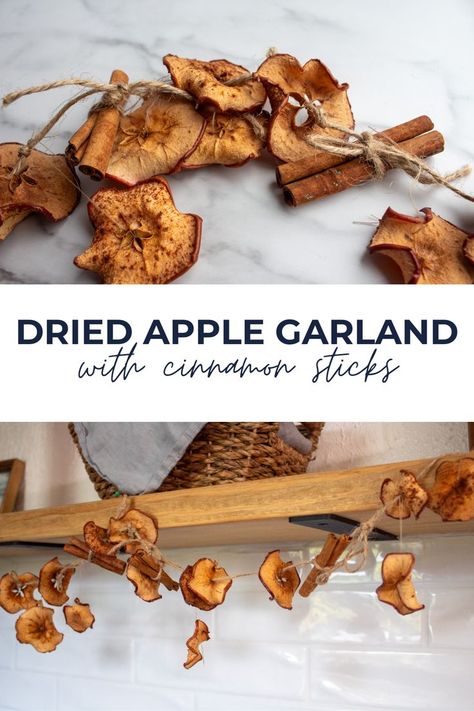 A dried apple garland with cinnamon sticks hangs from a wooden shelf in a kitchen. Dried Apple Garland, Apple Garland, Cinnamon Sticks, Fall Season, Cinnamon