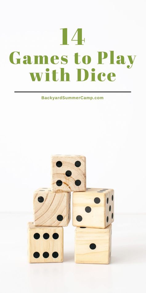 The best dice games are fun for kids of all ages! Learn these games to play with dice for simple play anywhere. Learn how to play Yahtzee, Pig, Sevens, Tenzi, and more at Backyard Summer Camp. Giant Dice Games For Kids, Stuck In The Mud Dice Game, Simple Dice Games, Dice Games For Large Groups, Giant Dice Games, Games To Play With Dice, Yard Dice Games, Board Games To Make, Diy Dice Games