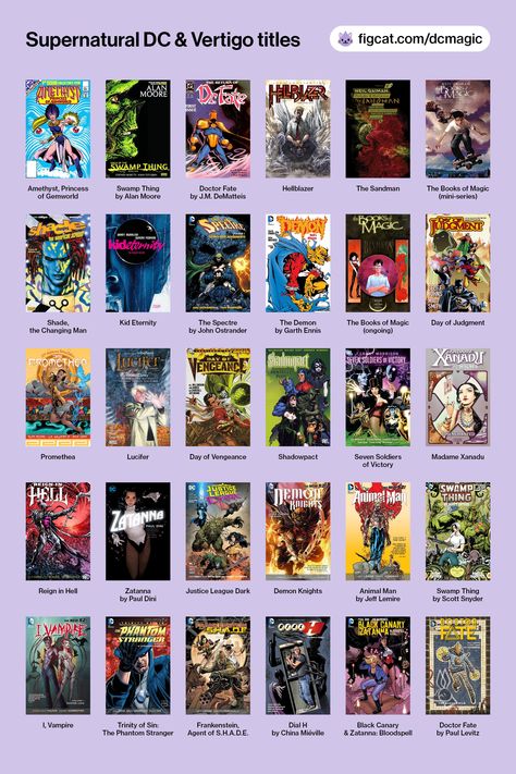 A grid of 30 covers of supernatural comics published by DC, including Amethyst, Swamp Thing, Doctor Fate, Hellblazer, The Sandman, The Books of Magic, Shade, Kid Eternity, The Spectre, The Demon, Day of Judgment, Promethea, Lucifer, Day of Vengeance, Shadowpact, Seven Soldiers of Victory, Madame Xanadu, Reign in Hell, Zatanna, Justice League Dark, Demon Knights, Animal Man, I Vampire, The Phantom Stranger, Frankenstein, Dial H, and Bloodspell. Book Charts, Classics To Read, Wizard Art, Supernatural Theme, Bizarre Books, Supernatural Comic, Reading List Challenge, Vertigo Comics, Swamp Thing