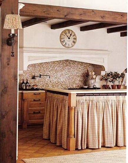 Eye For Design: Decorating With Skirted Kitchen Cabinets and Sinks Skirted Bench, Cabinet Curtains, Sink Skirt, Modern Room Decor, Kitchen Pantry Cabinets, Cottage Kitchens, Kitchen Decor Modern, Country French, French Country House