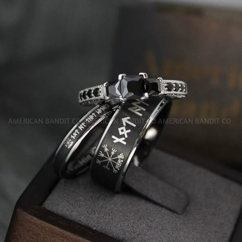 THIS LISTING IS FOR TWO (3) RINGS: 6MM BLACK TUNGSTEN BAND WITH SILVER STEP EDGE 3MM .925 STERLING SILVER THREE STONE BAND PRONG SETTING (20 x OBSIDIAN BLACK DIAMOND CZ (1.5MM), 8 x OBSIDIAN BLACK DIAMOND CZ (2.5MM), 2 X OBSIDIAN BLACK DIAMOND CZ (3.5MM) & CENTER OBSIDIAN BLACK DIAMOND CZ (5.5MM)) AVERAGE WEIGHT: 6.8GMS QUALITY: AAAAA 8MM BLACK TUNGSTEN BAND WITH SILVER STEP EDGE Need a custom size / design? contact us and we’ll make it for you. Please get professionally measured for ring s Vikings Wedding, Nordic Rings, Viking Wedding Ring, Viking Rings, Nordic Wedding, Nordic Runes, Couples Rings, Engagement Ring Sets, Viking Wedding