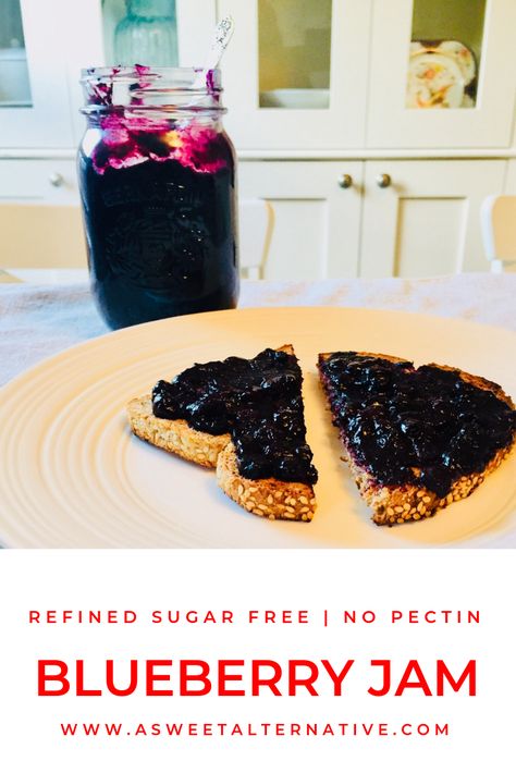 This blueberry jam recipe is refined sugar free and made without pectin. Add this to your rotation of healthy snack ideas or serve it with toast or muffins for a healthy breakfast or brunch.  #healthysnacks #healthyeating #cleaneating  #healthyfood #jam #healthylifestyle #refinedsugarfree #noaddedsugar Blueberry Freezer Jam Recipe, Low Sugar Blueberry Jam, Blueberry Freezer Jam, Date Paste Recipes, Sugar Free Donuts, Jam Without Pectin, Date Paste, Blueberry Jam Recipe, Nutritious Desserts