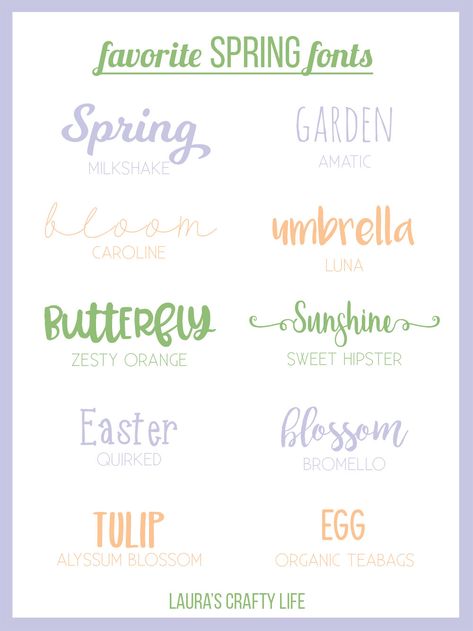 Spring Fonts. A list of my favorite spring fonts to use for Easter and spring projects. Many of these you can use for commercial use. #laurascraftylife #fonts #spring Spring Typography, Calligraphy Strokes, Garden Font, Easter Fonts, Spring Font, Practice Calligraphy, Summer Font, Font Pack, Feminine Fonts