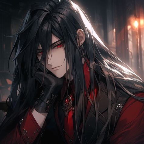 Anime Guy With Black Hair And Red Eyes, Hot Anime Guy With Long Hair, Long Haired Anime Guys, Vampire Fanart Male, Evil Anime Guy, Handsome Anime Characters, Handsome Anime Men, Vampire Guy, Vampire Male