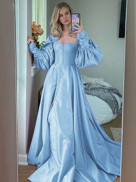 A-Line/Princess Satin Ruffles Sweetheart Long Sleeves Sweep/Brush Train Dresses Winter Wedding Venues, Fantasy Clothes, Fame Dr, Grad Dresses, Satin Prom Dress, Prom Dresses With Sleeves, Prom Party, Prom Party Dresses, Dress Ideas