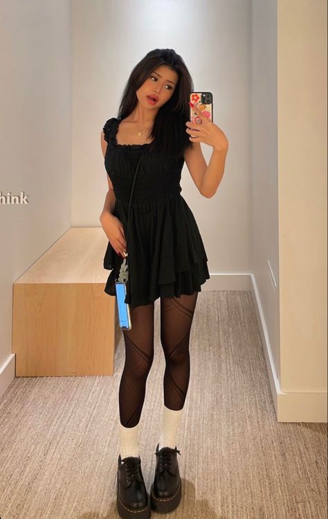 Skirt With Stockings Outfit Aesthetic, Dress With Stockings Outfit Summer, Babydoll Dress Outfit Winter Tights, Black Tights Black Dress, Black Short Dress With Tights, Black Mini Dress Outfit Aesthetic, Short Black Dress Outfit Aesthetic, Black Tights Outfit Spring, Mini Dress With Tights And Boots