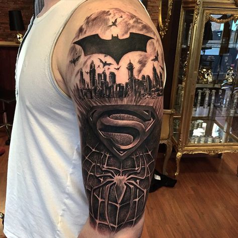 Superheroes sleeve - Batman, Superman & Spiderman by Adem. Kurt Tattoo, Super Hero Tattoos, Superman Tattoos, Dc Tattoo, Hero Tattoo, Superman Spiderman, Spiderman Tattoo, Batman Tattoo, Comic Tattoo