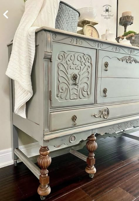 Upcycled Antique Sideboard, Old Buffet Makeover Ideas, Buffet Refurbished, Jacobean Sideboard, Washboard Decor, Striped Dresser, Sideboard Makeover, Antique Sideboard Buffet, Bamboo Dresser