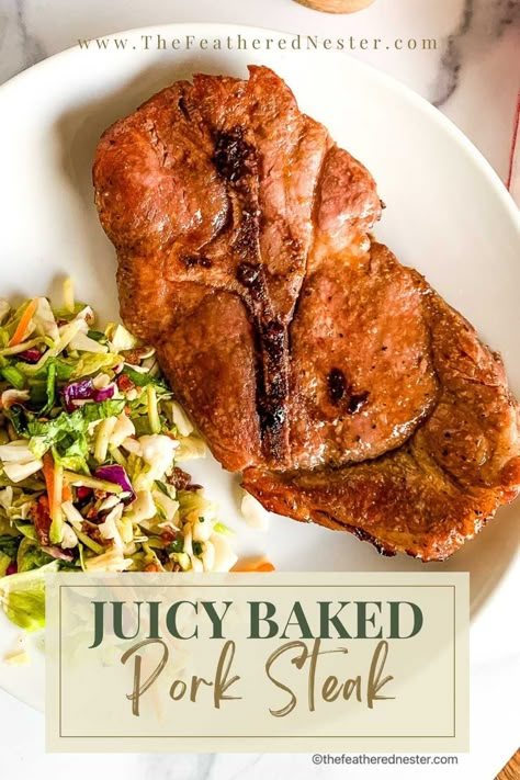 It's official: Baked Pork Steak is our new favorite pork dinner! So simple to make in the oven and SO juicy and flavorful after a quick marinade. Perfect for a quick and easy weeknight meal 😋 #dinnerideas #bakedporksteak #porkdinner Tender Pork Steak Recipes Oven, Bake Pork Steaks In Oven, Oven Roasted Pork Steaks, Pork Steak Marinade For Oven, Pork Loin Steak Recipes Simple, Pork Shoulder Steak Recipes Oven Baked, Best Pork Steak Recipes, Oven Baked Pork Steaks Recipes, Recipes For Pork Steaks