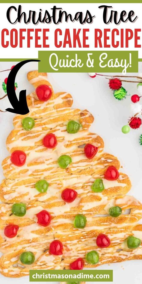 Homemade Christmas Tree Coffee Cake is made with simple ingredients. Start with a crescent roll and add your favorite toppings. Impress your family and friends this holiday with this simple ingredient coffee cake. It is easy to make and can be decorated with many different toppings. #christmasonadime #christmastreecoffeecake #coffeecake Christmas Tree Baking, Beef Patties Recipes, Homemade Coffee Cake, Easy Christmas Cake Recipe, Easy Dessert Recipes Christmas, Homemade Christmas Tree, Christmas Cookbook, Christmas Desserts Easy, Holiday Favorite Recipes