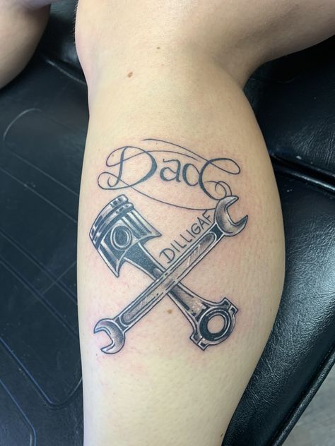 Mechanic Memorial Tattoo, Mechanic Tattoo Design, Lost Loved Ones Tattoo, Wrench Tattoo, Dad Daughter Tattoo, Hulk Tattoo, Memorial Decals, Mechanic Tattoo, Tattoo For Son