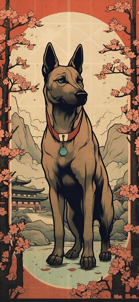 A Ukiyo-E style rendering of a Belgian Malinois standing attentively with orange colors and a temple in the background, perfect for an aesthetic phone wallpaper. Temple Background, Unique Wallpapers, Belgian Malinois Dog, Malinois Dog, Aesthetic Wallpaper Iphone, Wallpaper Android, Belgian Malinois, Ukiyo E, Dog Wallpaper