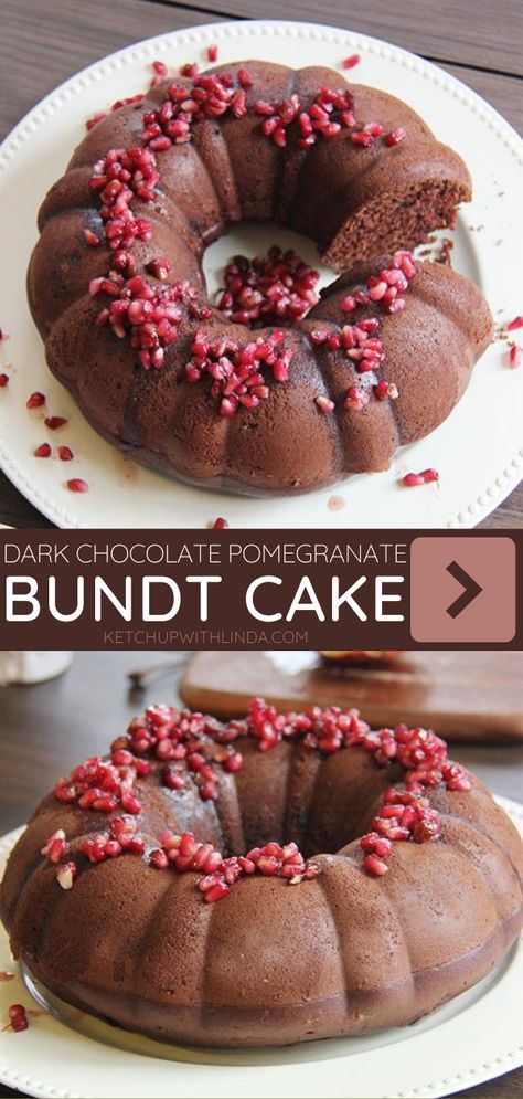 An impressive dessert recipe to add to your Thanksgiving food list! Dark Chocolate Pomegranate Bundt Cake is an easy chocolate cake recipe that stays so moist even for this the next day. Its rich chocolatey texture along with the pomegranate syrup adds extra crunchiness and sweetness! Chocolate Pomegranate Cake, Dark Chocolate Pomegranate, Thanksgiving Food List, Pomegranate Cake, Easy Chocolate Cake Recipe, Chocolate Pomegranate, Pomegranate Syrup, Impressive Dessert, Baked Cakes