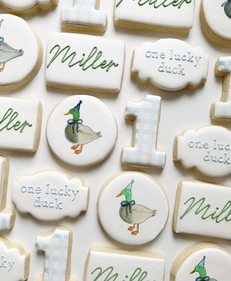 Duck Birthday Theme, One Lucky Duck, Duck Cookies, First Birthday Cookies, Boys 1st Birthday Party Ideas, Duck Birthday, Baby Shower Duck, Baby Birthday Themes, Lucky Duck