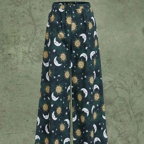 Sun & Moon Graphic Wide Leg Pants 100% Polyester Moondrop Cosplay, Hippie Sun, Bohemian Pants, Space Outfit, Moon Graphic, Grace And Lace, Floral Print Rompers, Colored Pants, Women Pants