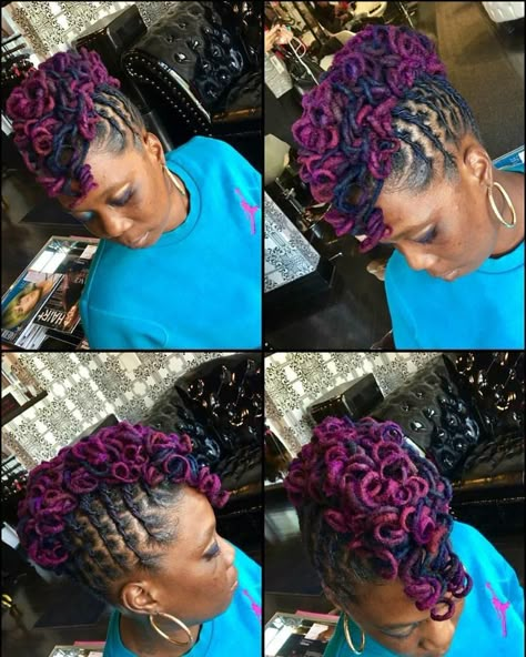 Loc Updo With Curls, Long Loc Styles Women Updo, Locs Mohawk, Hairstyles With Locs, Loc Mohawk Styles, Updo Locs Hairstyles For Women, Locs Color, Mohawk Hairstyle, Pretty Curls