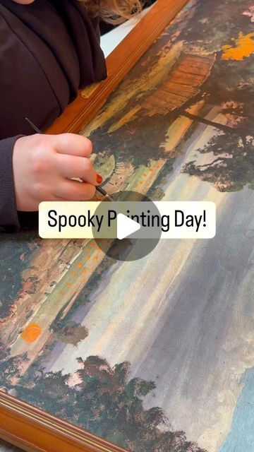 Chelsea Swindle on Instagram: "My sister and I do girls weekends a little differently than others. 😂😂 We had so much fun creating these painting over a painting spooky Halloween scenes!  #paintingart #halloweenart #spookypainting #halloweendecor #antiqueupcycle #upcycle #spookyseason #paintingtutorial #paintingoverpainting" Making Old Paintings Spooky, How To Paint A Witch, Diy Halloween Paintings On Canvas, Scary Paintings, Halloween Scenes, Spooky Pictures, Acrylic Tutorials, Halloween Scene, Halloween Painting