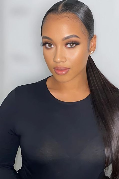 Middle Part Low Ponytail Hairstyle Smooth Low Ponytail, Low Ponytail With Middle Part, Flick Ponytail, Low Middle Part Ponytail Weave, Low Middle Part Ponytail, Cute Middle Part Hairstyles, Side Part Low Ponytail, Middle Part Low Ponytail, Middle Part Ponytail Black Women