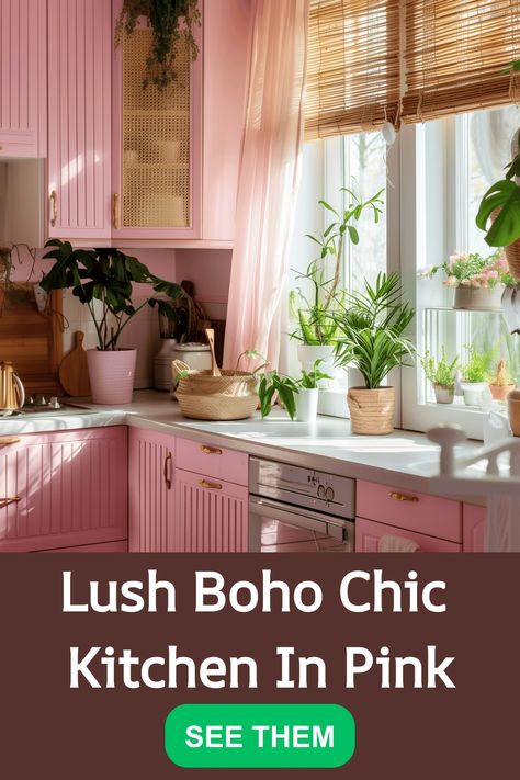 Lush Boho chic kitchen with pink cabinets and abundant plants. Pink Boho Kitchen, Boho Chic Kitchen Decor, Boho Chic Kitchen, Boho Kitchen Ideas, Rattan Light, Room Concept, Colorful Textiles, Wallpaper Walls Decor, Vintage Elements