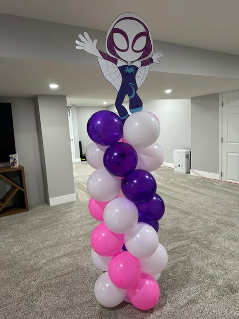 Spider Gwen Balloon Garland, Ghost Spider Party Decorations, Ghost Spider Birthday Party Favors, Ghost Spider Valentine Box Ideas, Ghost Spider Decorations, Spider Gwen Cupcakes, Ghost Spider Piñata, Ghost Spider Birthday Party Food, Girl Spidey Birthday Party