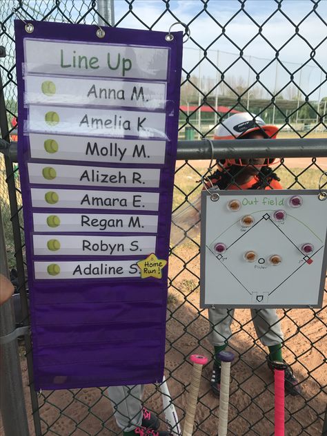 Softball Line up batting order, and magnetic field positions board, made things SO MUCH easier! Tball Coach, Dugout Mom, Softball Dugout, Softball Team Mom, Team Mom Baseball, Baseball Dugout, Softball Party, Softball Tournaments, Softball Crafts