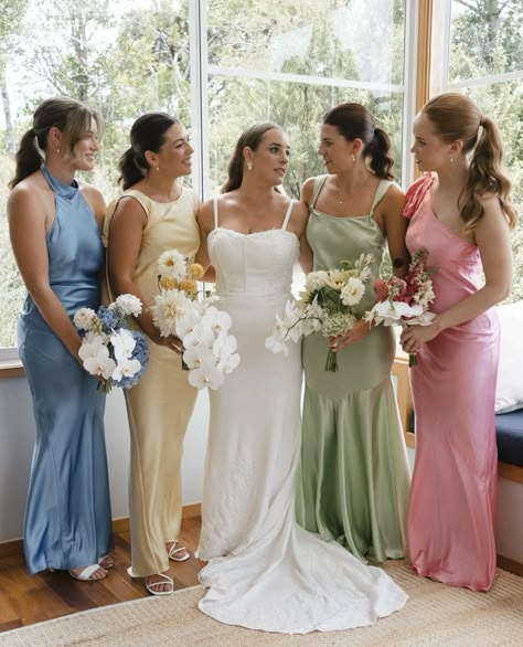 Different Pastel Bridesmaid Dresses, Muted Bridesmaid Dresses Colour Palettes, Multi Coloured Bridesmaids, Mismatched Bridesmaid Dresses Summer, Pastel Bridesmaid Dresses Mismatched, Colourful Bridesmaid Dresses, Spring Wedding Bridesmaids Dresses, Multi Colored Bridesmaid Dresses, Pastel Colour Bridesmaid Dresses