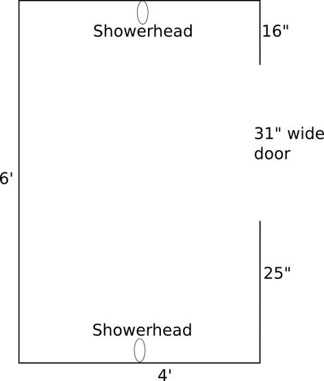 2 Person Shower Dimensions? Walk In Shower Dimensions Floor Plans, Master Shower Dimensions, Small Double Shower Ideas, Double Shower Dimensions, Shower Fixture Placement Layout, 2 Person Shower Ideas, Shower Dimensions Walk In, 2 Shower Heads Walk In, Two Person Shower Walk In