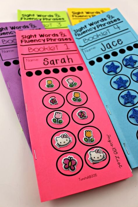 Last week I attended the First Grade Conference in Nashville (Franklin) Tennessee.  More on the amazing teachers I met there later in this post…  During my guided reading session, I was asked how I track sight words.  I did my best to describe these little leveled sight word and fluency phrase books, but I decided … Sight Word Tracker, Sticker Writing, Sight Word Booklets, Word Ideas, Sight Word Fluency, Teaching Sight Words, First Grade Sight Words, Book Boxes, Sight Word Reading